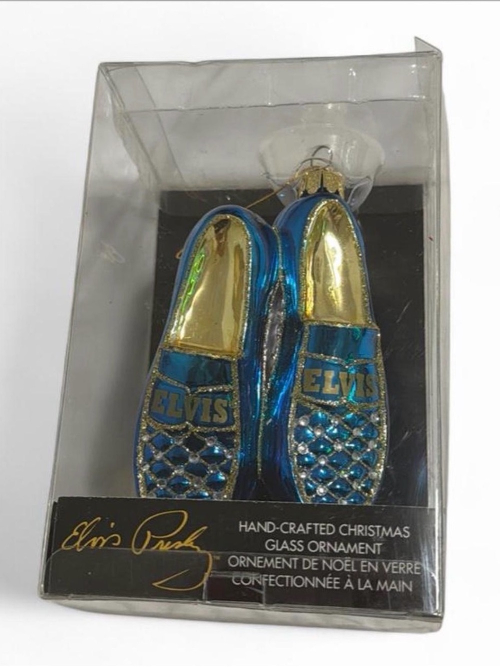 Elvis Presley Blue & Gold Glass Shoe Ornament